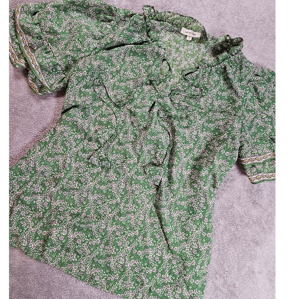 Green Floral Boho Peasant Blouse Cottagecore Puff Sleeve S fairy tie neck garden